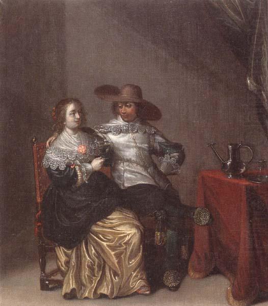 An interior with a soldier makng advances to a lady,deside a table draped with a red cloth,with a pewther jug and an upturned roemer on a pewter dish, Laurentius de Neter